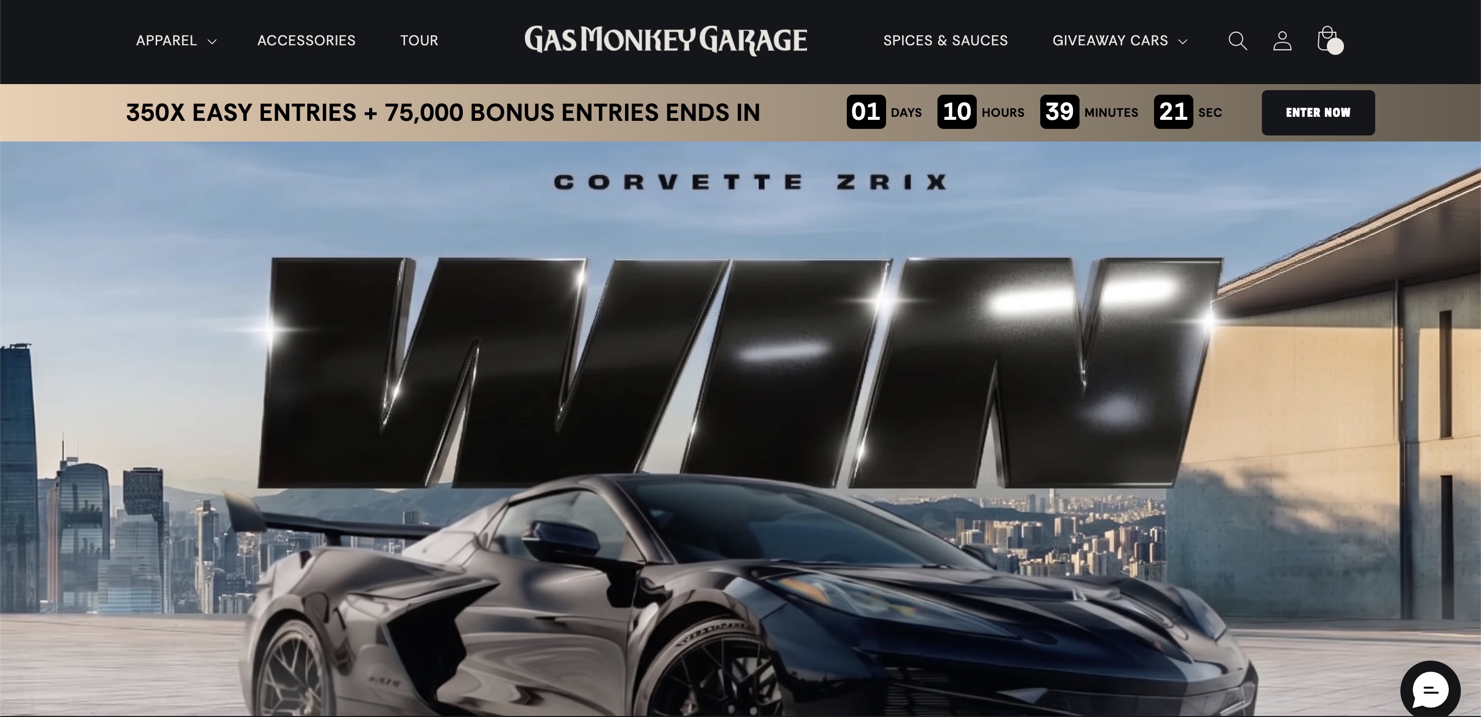 Screenshot of the Gas Monkey Garage automotive storefront featuring a Corvette giveaway