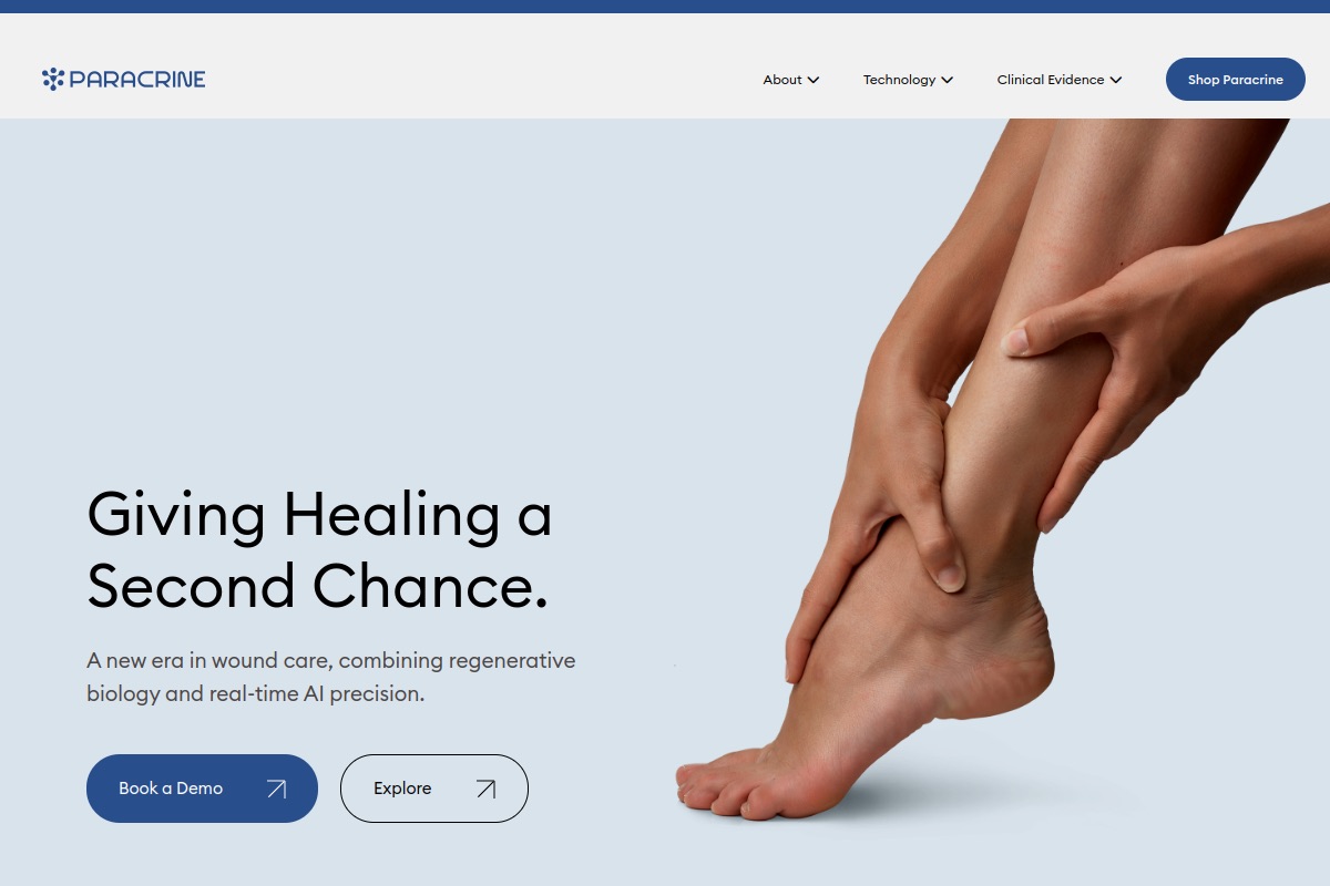 Screenshot of the Paracrine regenerative wound-care website homepage